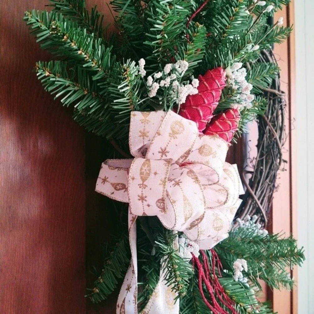 Hand Crafted Grapevine Christmas Wreath, Greenery, Ribbon and Ornaments 18